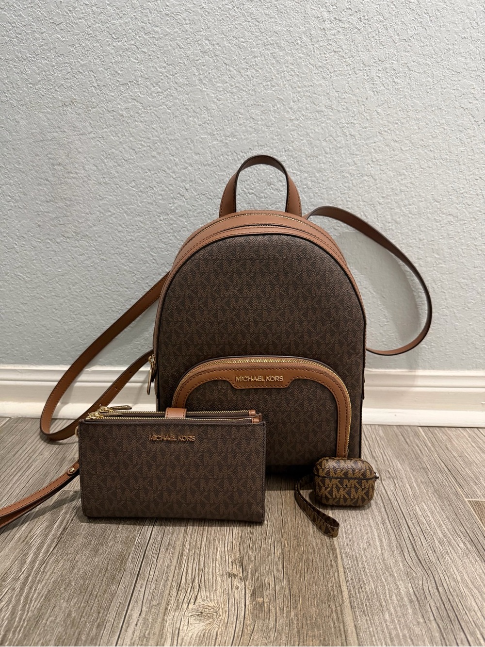 Michael Kors Brown and Tan Monogram Backpack Set
